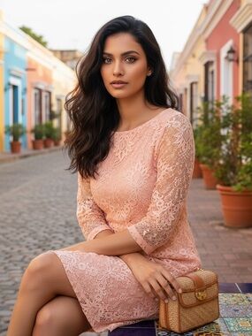 Chaps Lace Overlay Sheath Dress Pink Mini Size 16